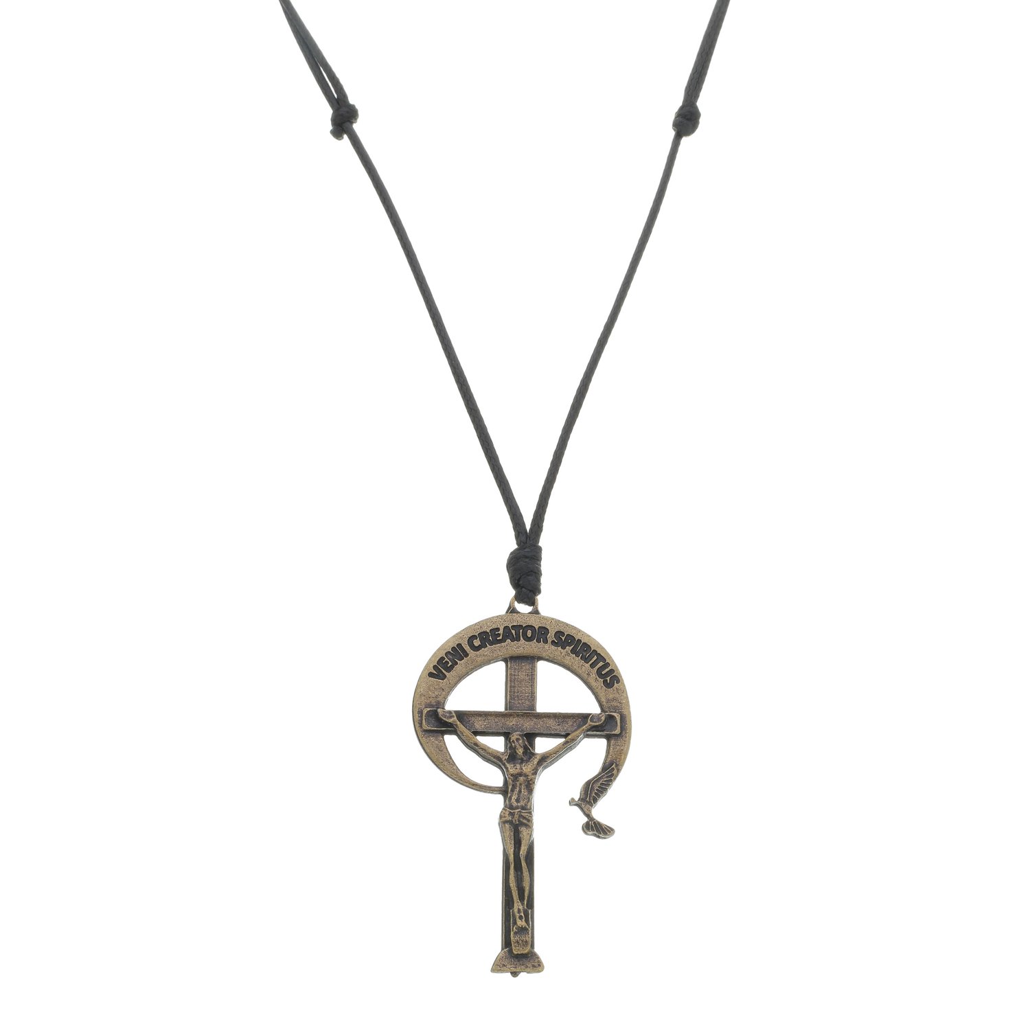 Cordão de Couro com Crucifixo da RCC em Metal - Ouro Velho