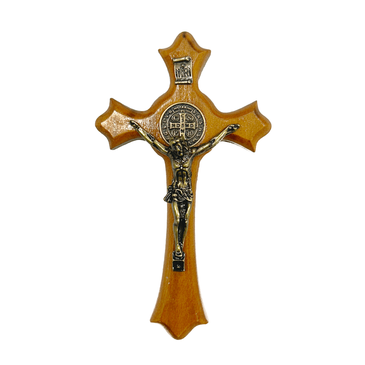 Crucifixo com Medalha de São Bento em Madeira de Demolição - 11cm Crucifixo com Medalha de São Bento em Madeira de Demolição - 11cm