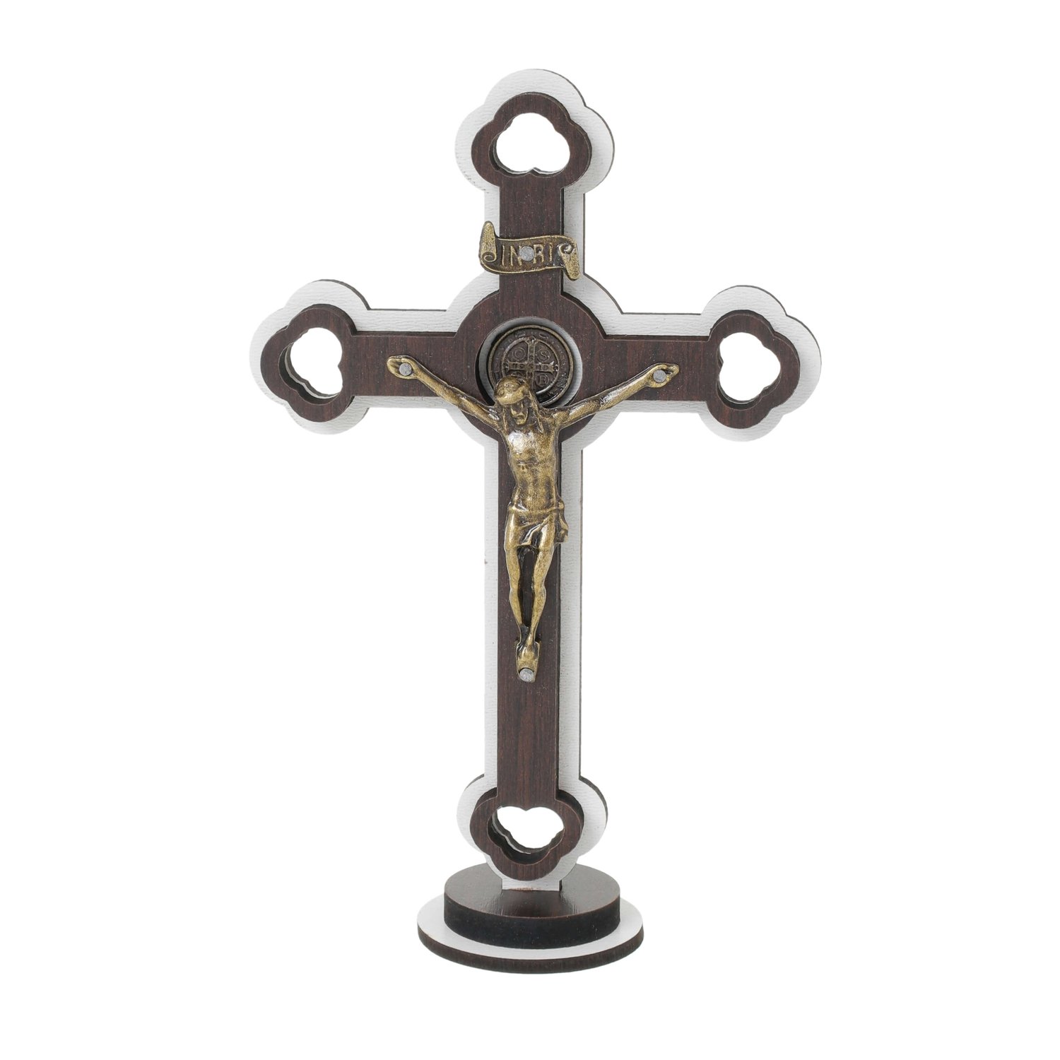 Crucifixo de mesa com medalha de São Bento - branco 13cm