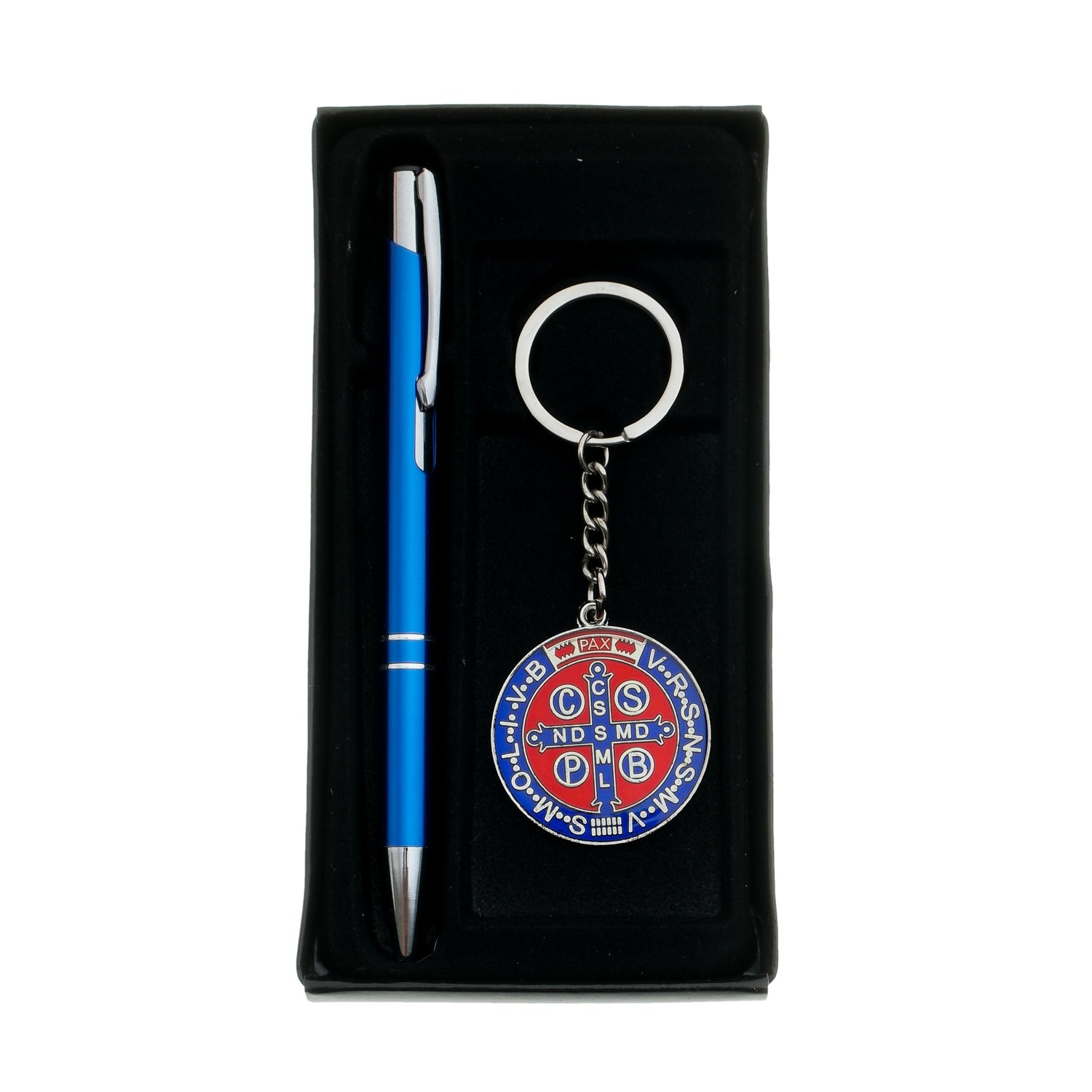 Kit Chaveiro da Medalha de São Bento com Caneta - Azul Escuro Kit Chaveiro da Medalha de São Bento com Caneta - Azul Escuro