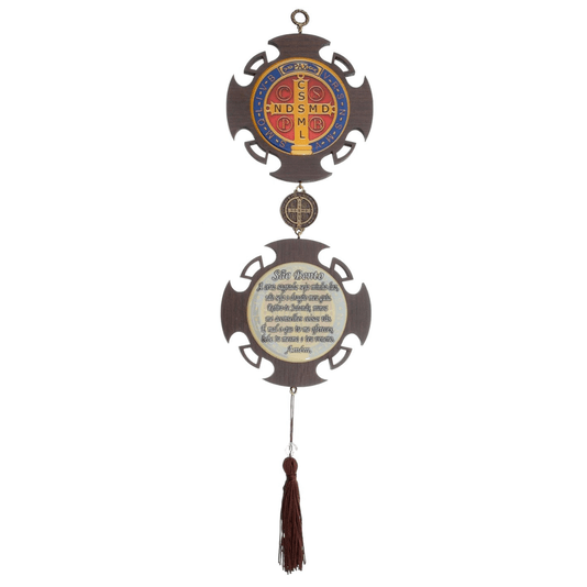 Adorno de Luxo Duplo da Medalha de São Bento com Pompom - Marrom Escuro