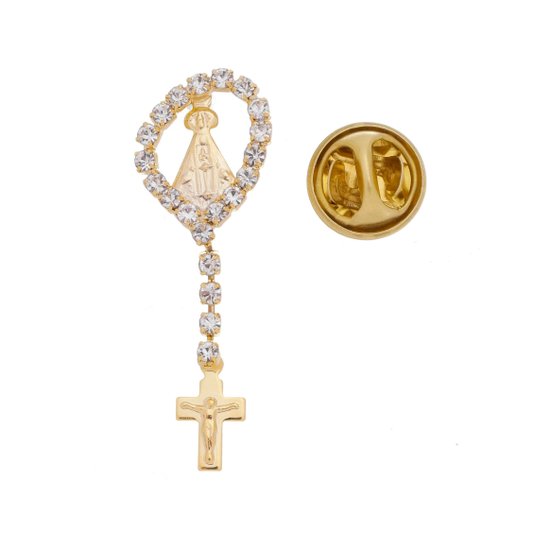 Botton Folheado de Nossa Senhora Aparecida em Forma de Terço e com Strass - 3Un
