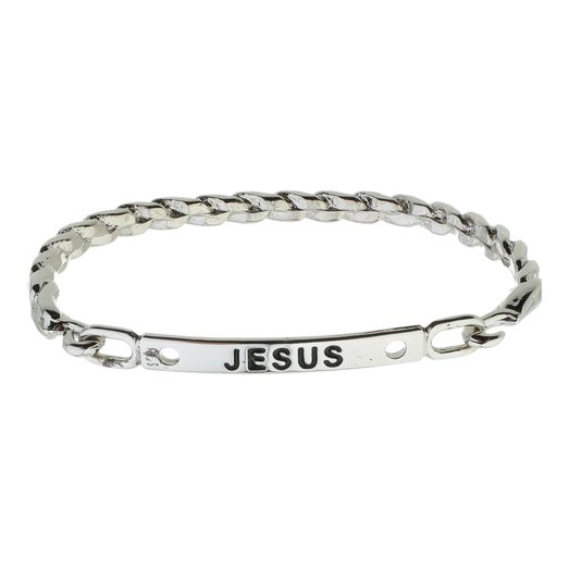 Bracelete Trançado com Inscrição Jesus em Metal - Prata