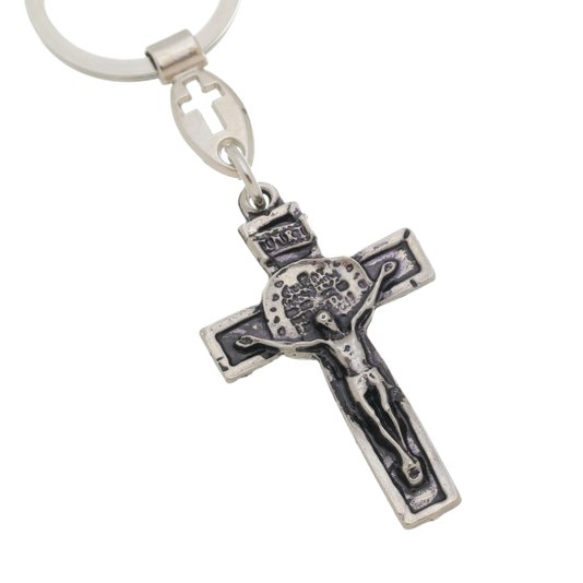 Chaveiro com Crucifixo da Medalha das Duas Cruzes em Metal - Prata
