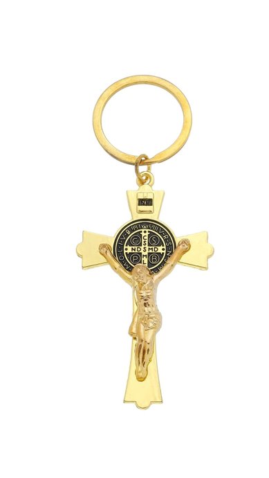 Chaveiro Crucifixo São Bento e Caneta - Dourado