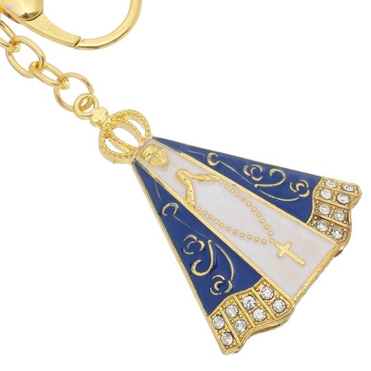 Chaveiro Nossa Senhora Aparecida com strass e mosquete dourado