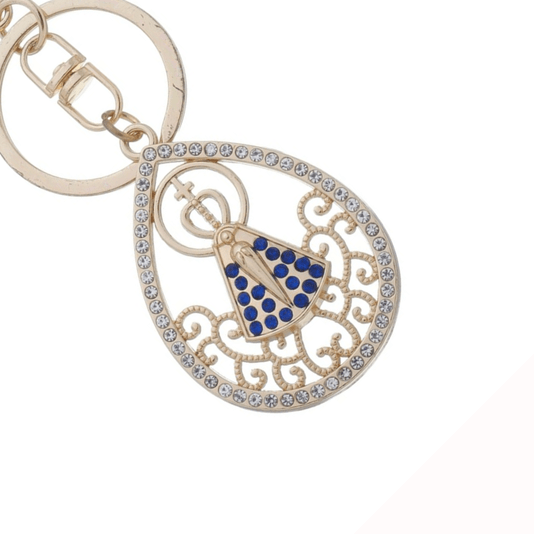 Chaveiro de Nossa Senhora Aparecida Gota com Strass e Mosquete em Metal - Dourado