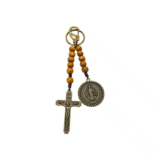 Chaveiro Dezena Aberto de Madeira com Medalha de São Bento e Crucifixo