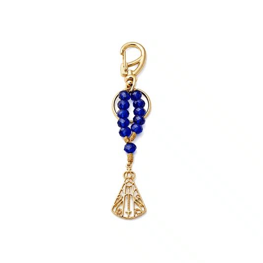Chaveiro Dezena Cristal Dourado  Nossa Senhora Aparecida Azul Escuro