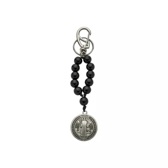 Chaveiro Dezena Medalha de São Bento Inox Pérola Preto 10mm
