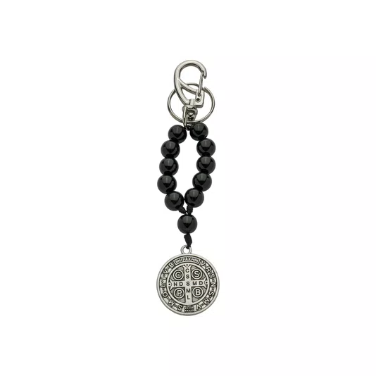 Chaveiro Dezena Medalha de São Bento Inox Pérola Preto 10mm