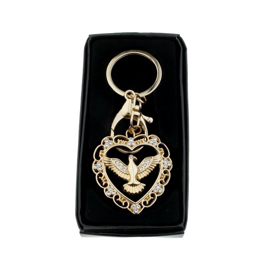 Chaveiro do Divino Espírito Santo em Formato de Coração com Strass - Dourado
