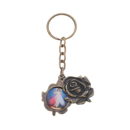 Chaveiro Rosa de Jesus Misericordioso em Metal - Ouro Velho