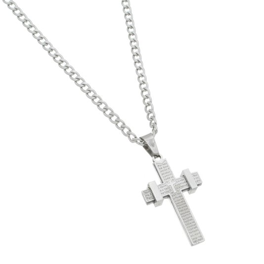 Colar Crucifixo com Oração do Pai Nosso em Inox - Prata