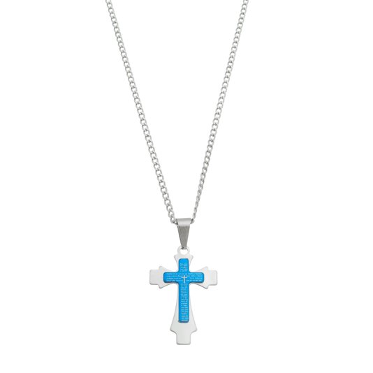 Colar com Crucifixo com Oração do Pai Nosso em Inox - Azul