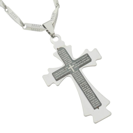 Colar em Inox, Crucifixo com Detalhe Preto e Oração do Pai Nosso