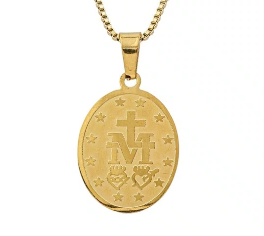 Colar de Inox com Medalha Nossa Senhora Das Graças Oval Dourado