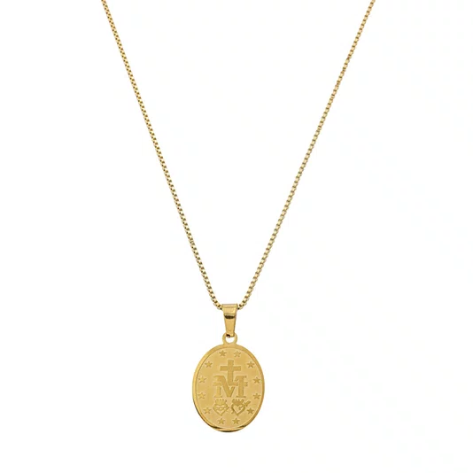 Colar de Inox com Medalha Nossa Senhora Das Graças Oval Dourado