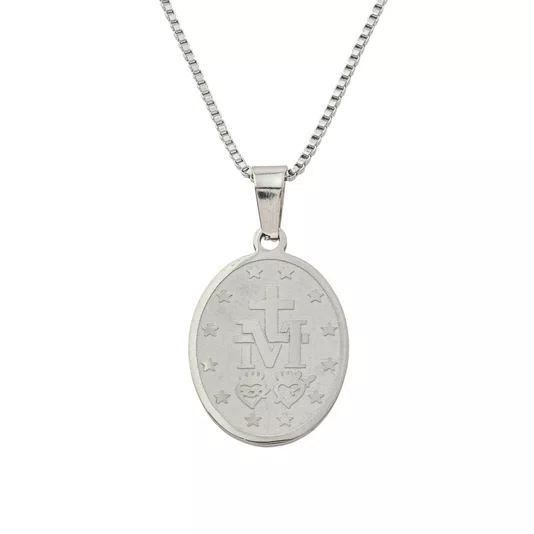 Colar de Inox com Medalha Nossa Senhora Das Graças Oval Prata