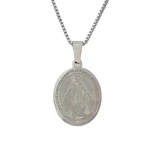 Colar de Inox com Medalha Nossa Senhora Das Graças Oval Prata