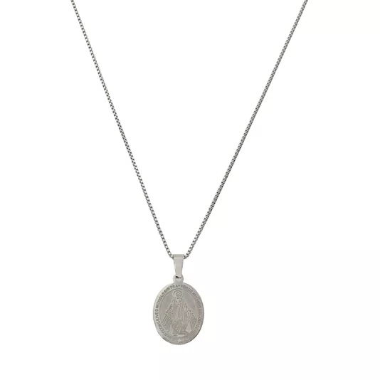 Colar de Inox com Medalha Nossa Senhora Das Graças Oval Prata