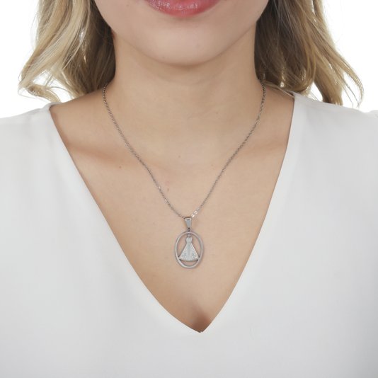 Colar de Nossa Senhora Aparecida Oval Vazado em Inox - Prata