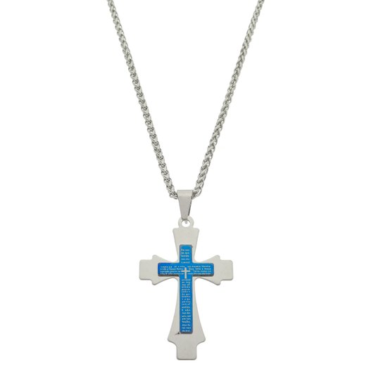 Colar com Crucifixo Detalhado em Azul e Oração do Pai Nosso - Inox