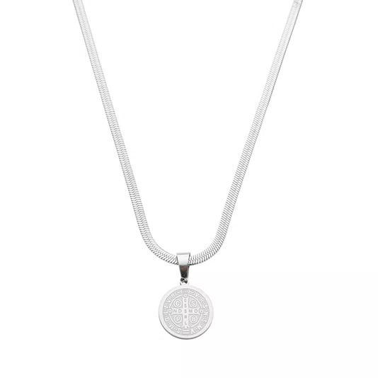 Colar Malha de Serpente Inox e Pingente Medalha de São Bento