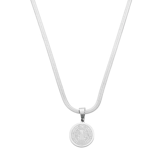 Colar Malha de Serpente Inox e Pingente Medalha de São Bento