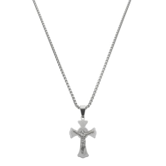 Colar Masculino com Crucifixo de São Bento Gravado a Laser em Inox - Prata