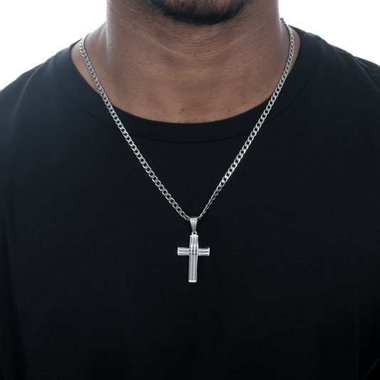 Colar Masculino com Cruz Estilizada e Corrente Grossa em Inox - Prata