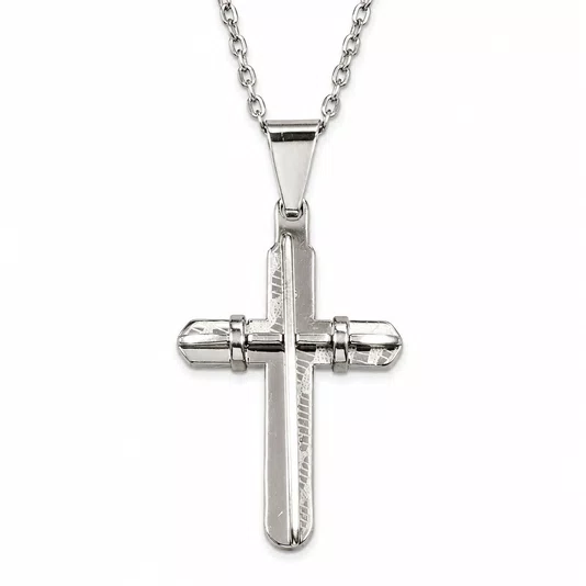 Colar Cruz Inox Prateado com Detalhe Texturizado