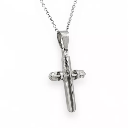 Colar Cruz Inox Prateado com Detalhe Texturizado