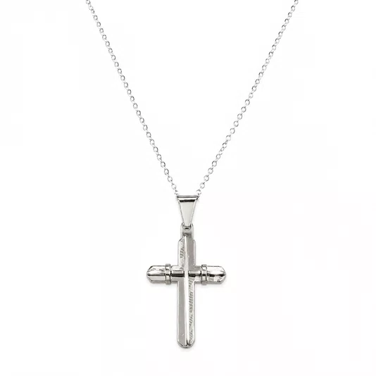 Colar Cruz Inox Prateado com Detalhe Texturizado