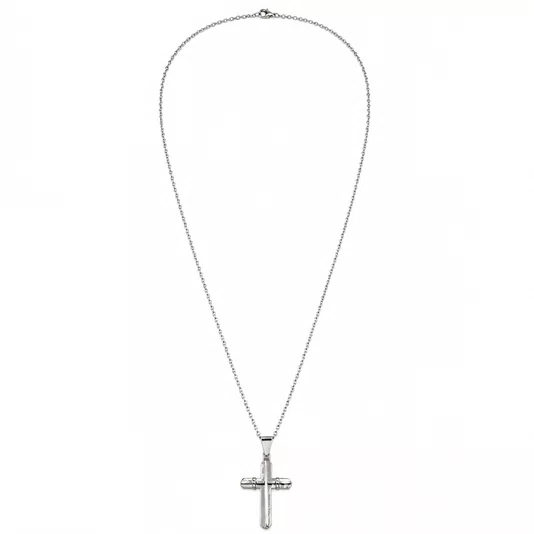 Colar Cruz Inox Prateado com Detalhe Texturizado
