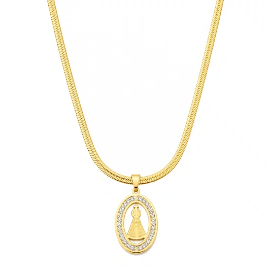 Colar Nossa Senhora Aparecida com Strass Corrente Laminada em Inox Dourado