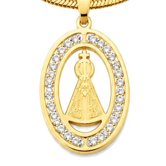 Colar Nossa Senhora Aparecida com Strass Corrente Laminada em Inox Dourado