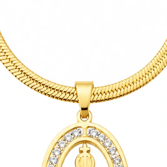 Colar Nossa Senhora Aparecida com Strass Corrente Laminada em Inox Dourado