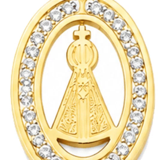 Colar Nossa Senhora Aparecida com Strass Corrente Laminada em Inox Dourado