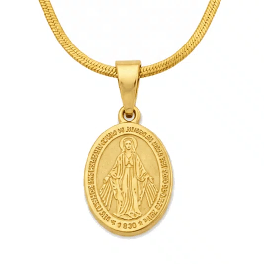 Colar Nossa Senhora Das Graças Corrente Laminada Fina em Inox Dourado