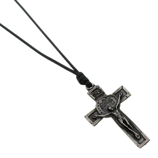 Cordão Crucifixo com Medalha Das Duas Cruzes - Couro Sintético