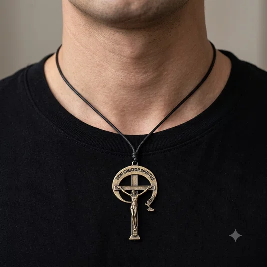 Cordão de Couro com Crucifixo da RCC em Metal - Ouro Velho