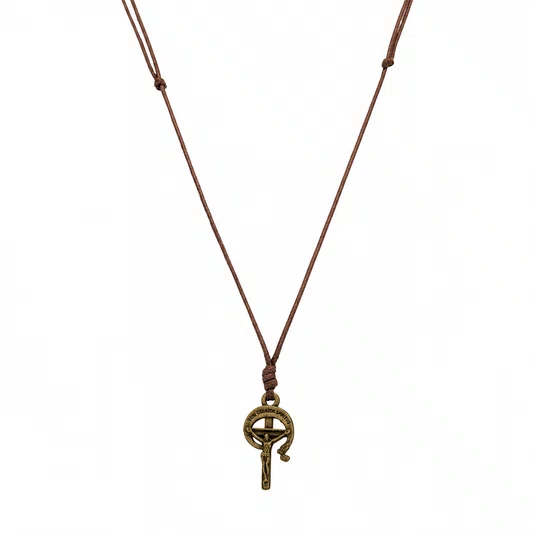 Cordão de Couro Sintético Marrom com Crucifixo da Rcc Ouro Velho Mini