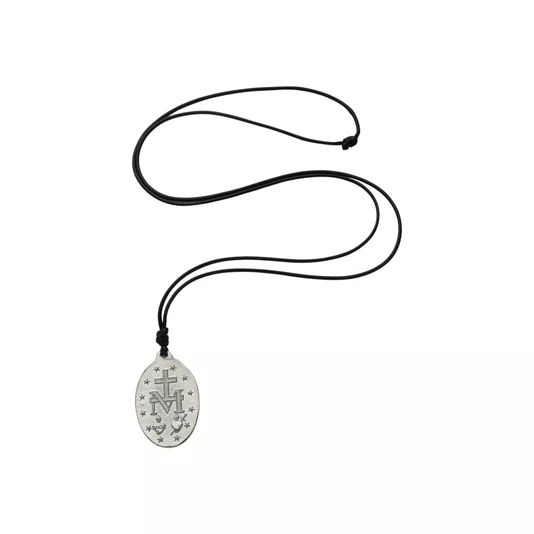 Cordão de Couro Sintético Preto C/ Medalha de Ns Das Graças Prata