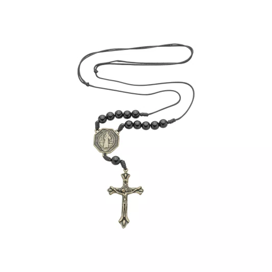 Cordão Dezena Medalha de São Bento Pérola Preto 8mm