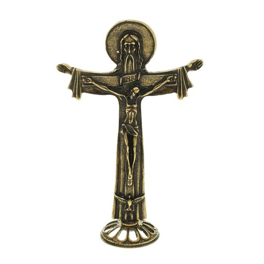Crucifixo de Mesa da Santíssima Trindade de Metal em Ouro Velho - 11cm