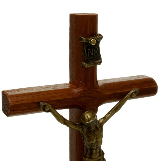 Crucifixo de Mesa Arredondado de Madeira e Jesus em Metal - Ouro Velho - 15cm