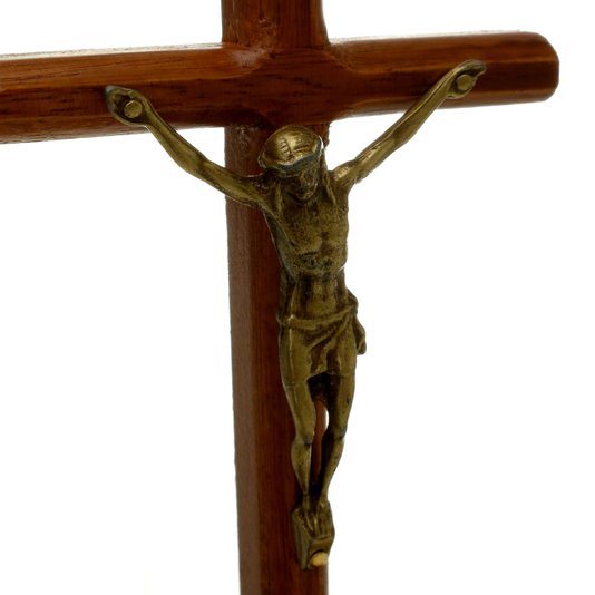 Crucifixo de Mesa Arredondado de Madeira e Jesus em Metal - Ouro Velho - 15cm