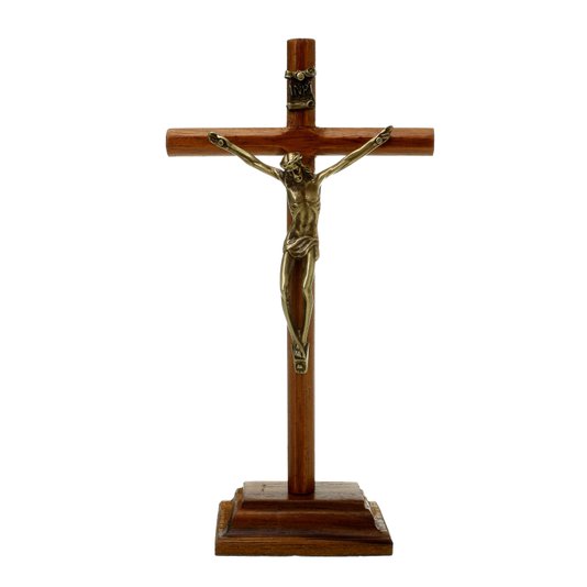 Crucifixo de Mesa Arredondado de Madeira e Jesus em Metal - Ouro Velho - 19cm