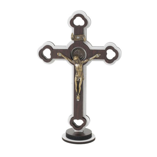 Crucifixo de mesa com medalha de São Bento - Branco 17cm